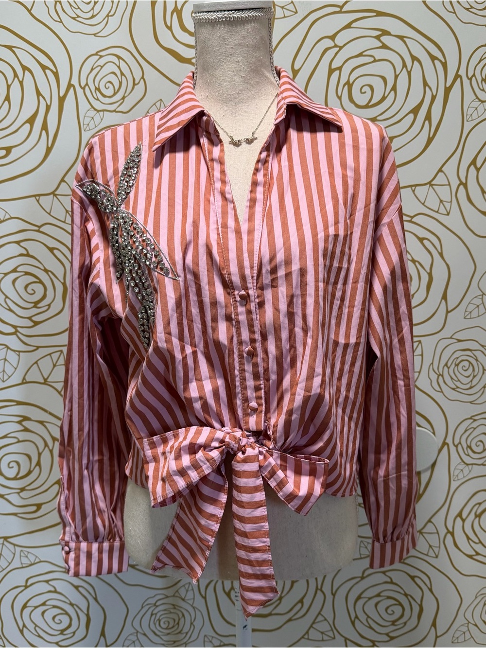 Milk & Honey striped pink and brown tie-front blouse with embellishment